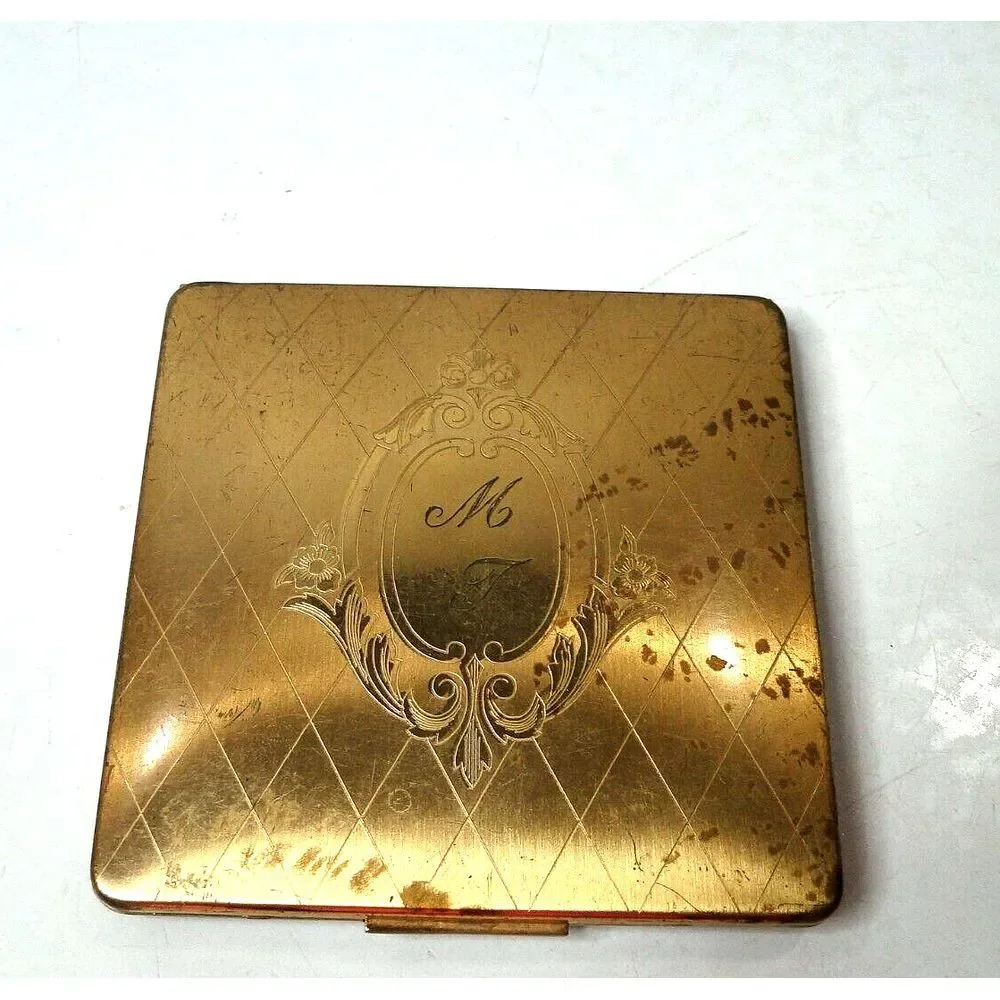 Vintage Elgin American USA Mirror Powder Compact Square Goldtone Marked Engraved